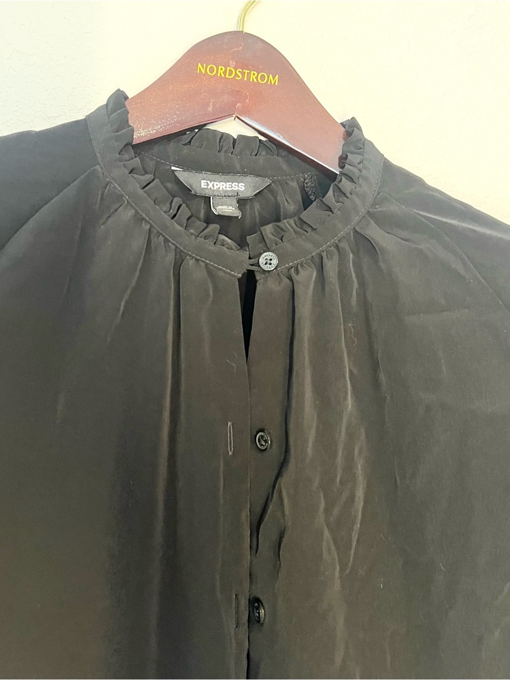 Express Black Ruffle-Neck Button-Front Blouse - Picture 2 of 6